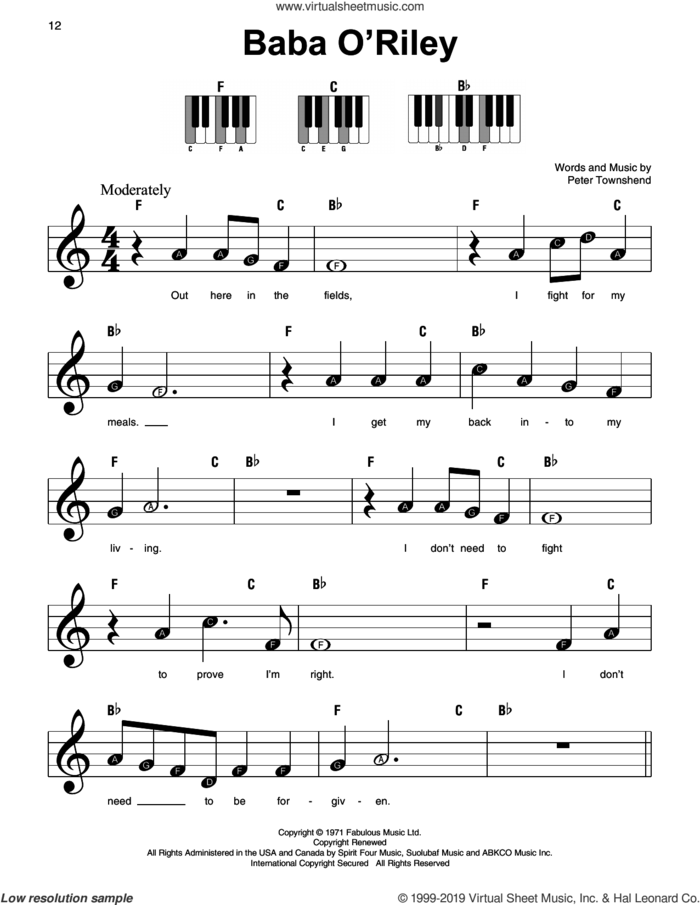 Baba O'Riley sheet music for piano solo by The Who and Pete Townshend, beginner skill level