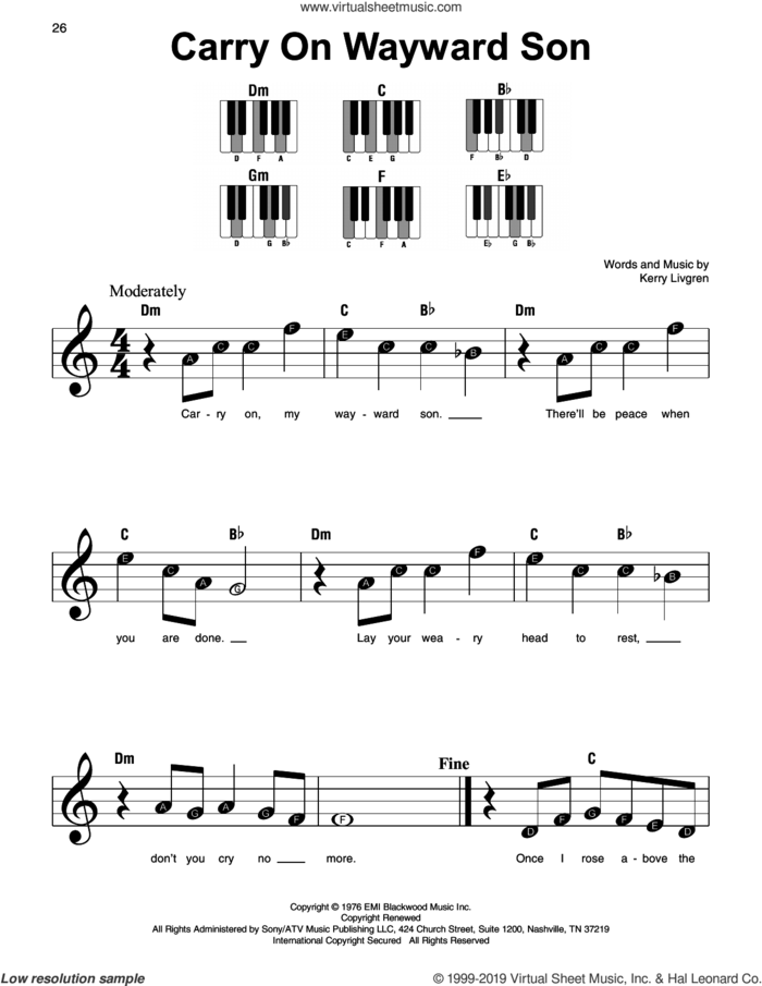 Carry On Wayward Son, (beginner) sheet music for piano solo by Kansas and Kerry Livgren, beginner skill level