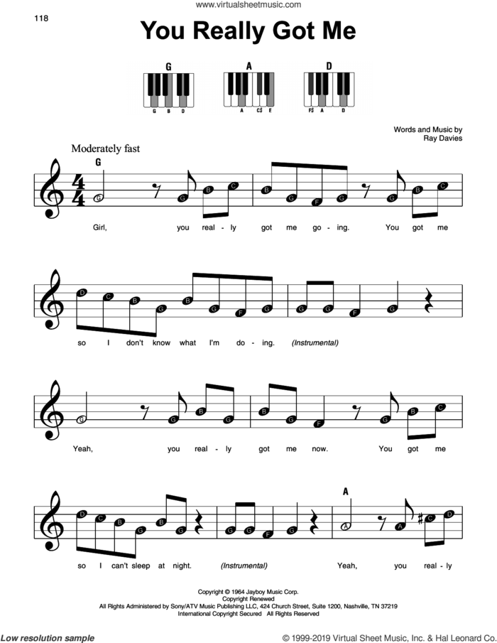 You Really Got Me sheet music for piano solo by Ray Davies and Edward Van Halen, beginner skill level