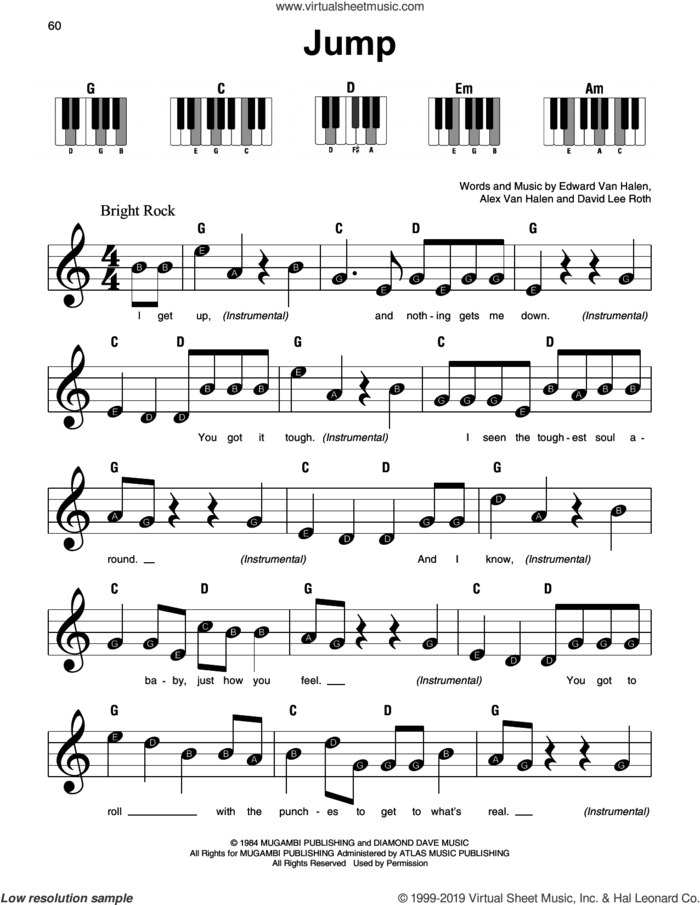 Jump sheet music for piano solo by Edward Van Halen, Alex Van Halen and David Lee Roth, beginner skill level
