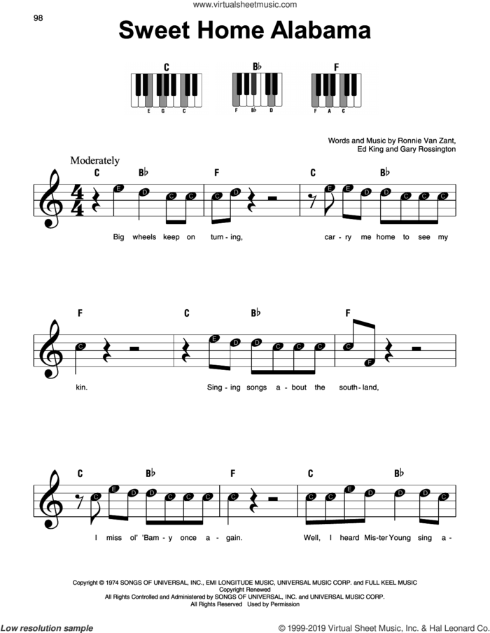 Sweet Home Alabama sheet music for piano solo by Lynyrd Skynyrd, Edward King, Gary Rossington and Ronnie Van Zant, beginner skill level