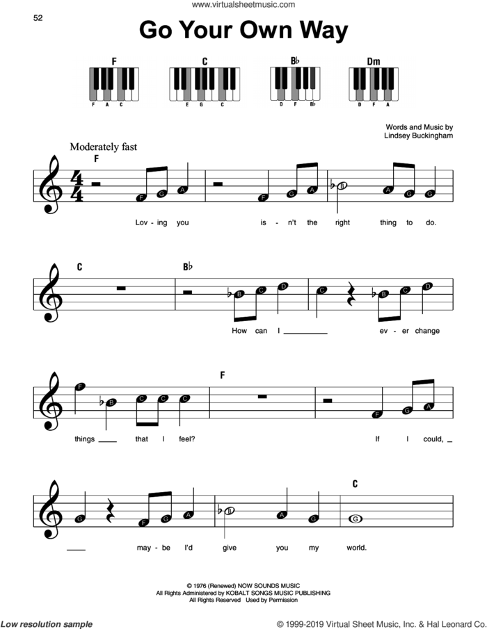 Go Your Own Way, (beginner) sheet music for piano solo by Fleetwood Mac and Lindsey Buckingham, beginner skill level