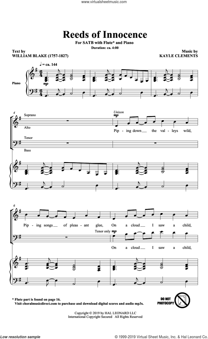 Reeds Of Innocence sheet music for choir (SATB: soprano, alto, tenor, bass) by William Blake and Kayle Clements, Kayle Clements and William Blake, intermediate skill level
