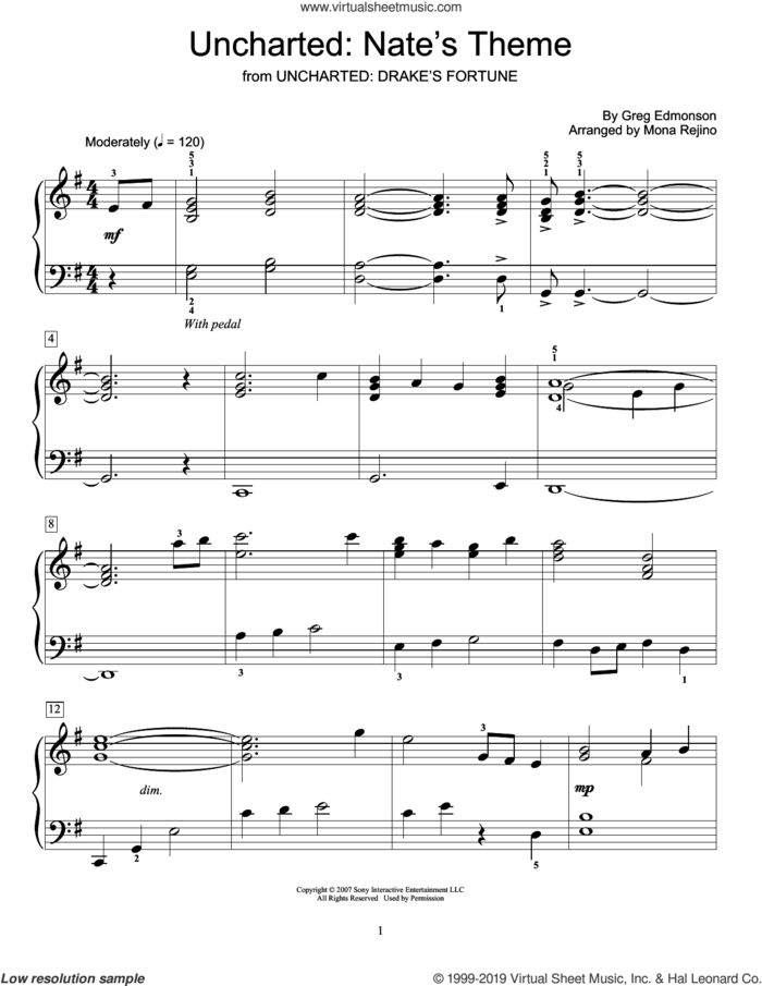 Uncharted: Nate's Theme (from Uncharted: Drake's Fortune) (arr. Mona Rejino) sheet music for piano solo (elementary) by Greg Edmonson and Mona Rejino, beginner piano (elementary)