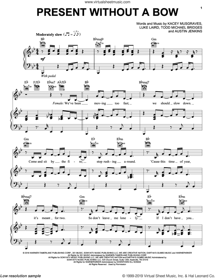 Present Without A Bow (feat. Leon Bridges) sheet music for voice, piano or guitar by Kacey Musgraves, Austin Jenkins, Luke Laird, Natalie Hemby and Todd Michael Bridges, intermediate skill level