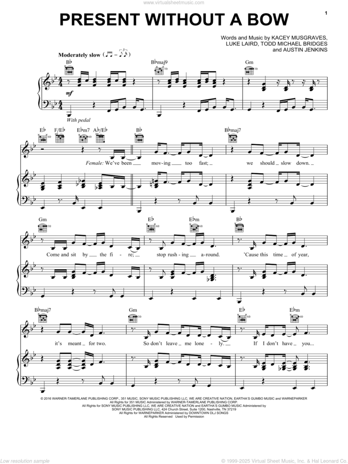 Present Without A Bow (feat. Leon Bridges) sheet music for voice, piano or guitar by Kacey Musgraves, Austin Jenkins, Luke Laird, Natalie Hemby and Todd Michael Bridges, intermediate skill level