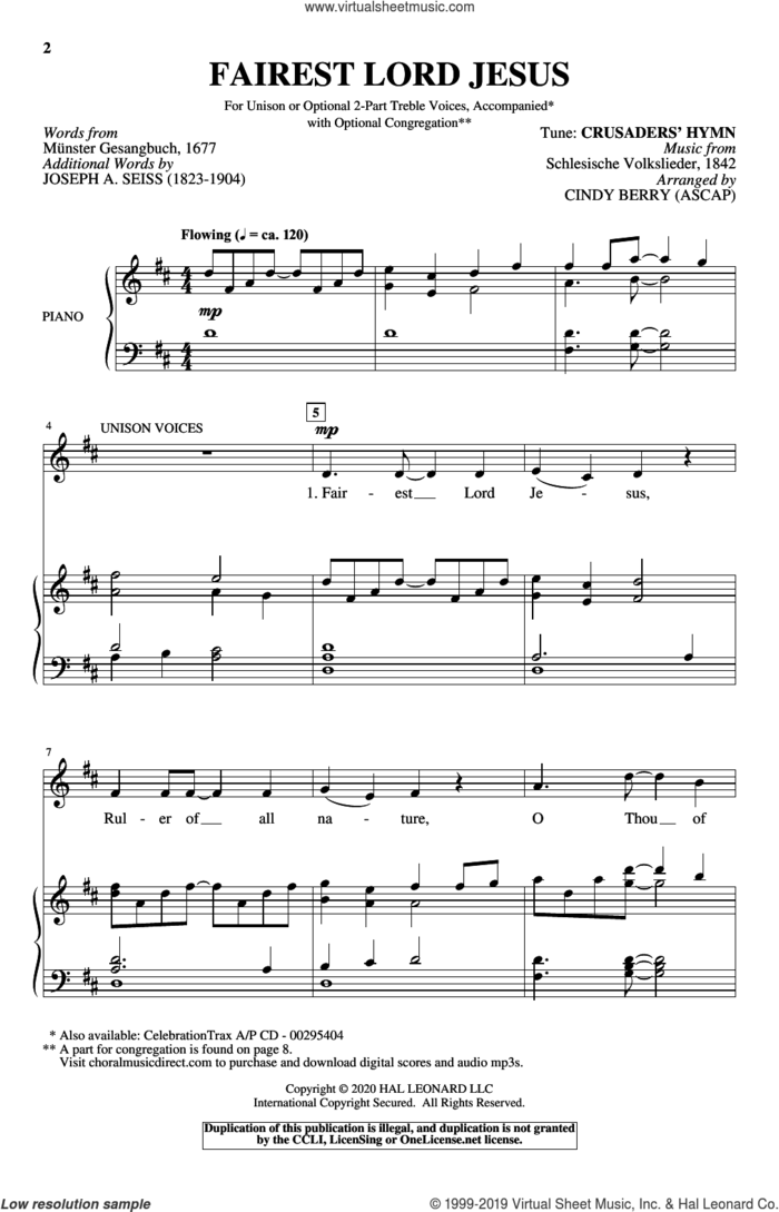 Fairest Lord Jesus sheet music for choir (Unison) by Schlesische Volkslieder, Cindy Berry, Joseph August Seiss and Munster Gesangbuch, intermediate skill level