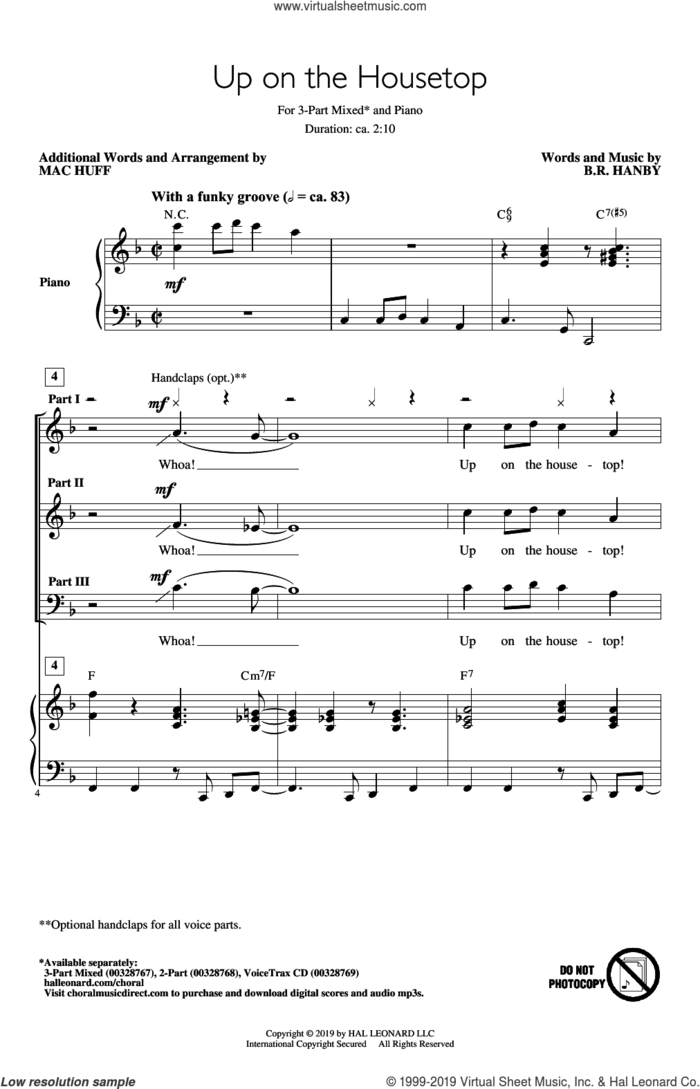 Up On The Housetop (arr. Mac Huff) sheet music for choir (3-Part Mixed) by Benjamin Hanby and Mac Huff, intermediate skill level
