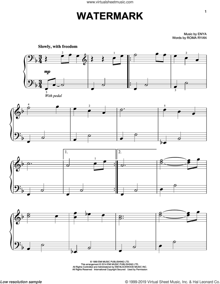 Watermark, (easy) sheet music for piano solo by Enya and Roma Ryan, easy skill level