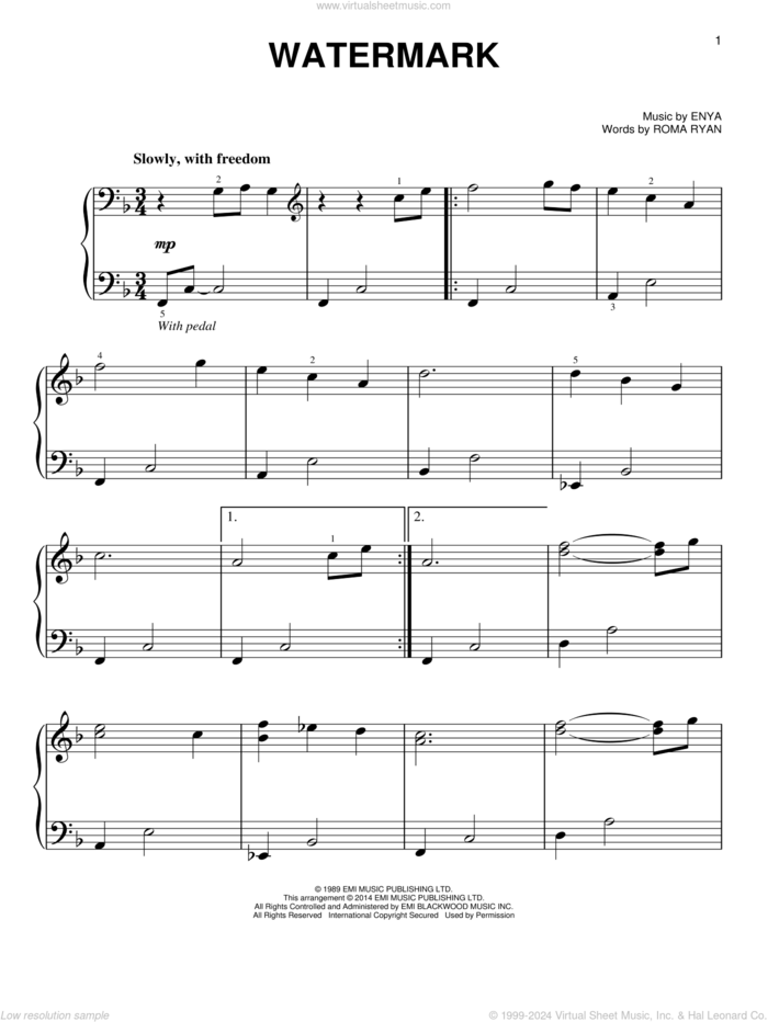 Watermark, (easy) sheet music for piano solo by Enya and Roma Ryan, easy skill level