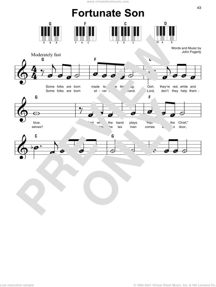 Fortunate Son, (beginner) sheet music for piano solo by Creedence Clearwater Revival and John Fogerty, beginner skill level