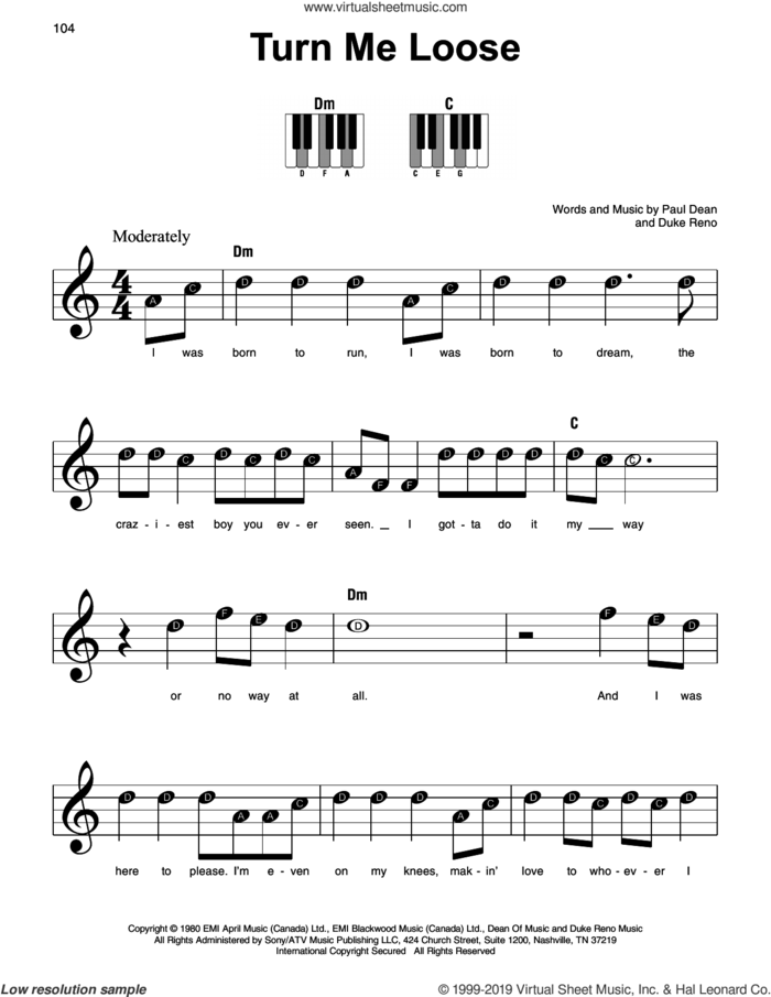 Turn Me Loose sheet music for piano solo by Loverboy, Duke Reno and Paul Dean, beginner skill level