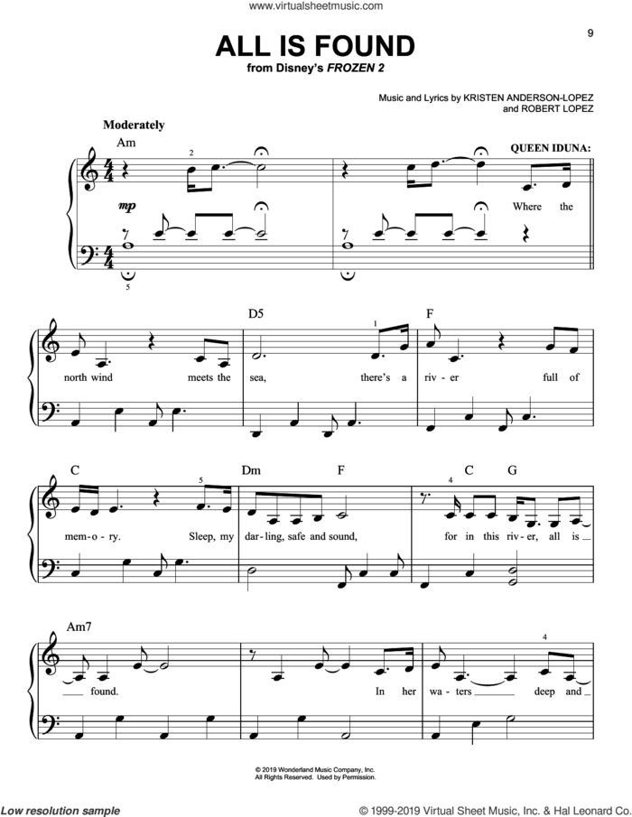 All Is Found (from Disney's Frozen 2) sheet music for piano solo by Evan Rachel Wood, Kristen Anderson-Lopez and Robert Lopez, easy skill level