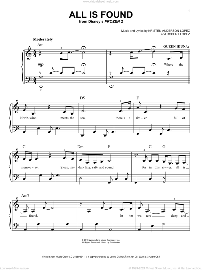 All Is Found (from Disney's Frozen 2) sheet music for piano solo by Evan Rachel Wood, Kristen Anderson-Lopez and Robert Lopez, easy skill level