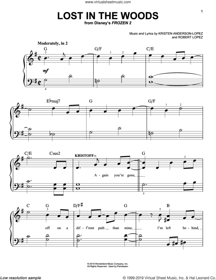 Lost In The Woods (from Disney's Frozen 2) sheet music for piano solo by Jonathan Groff, Kristen Anderson-Lopez and Robert Lopez, easy skill level