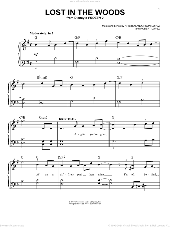 Lost In The Woods (from Disney's Frozen 2) sheet music for piano solo by Jonathan Groff, Kristen Anderson-Lopez and Robert Lopez, easy skill level