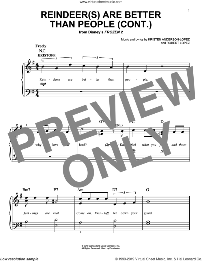 Reindeer(s) Are Better Than People (Cont.) (from Disney's Frozen 2) sheet music for piano solo by Jonathan Groff, Kristen Anderson-Lopez and Robert Lopez, easy skill level