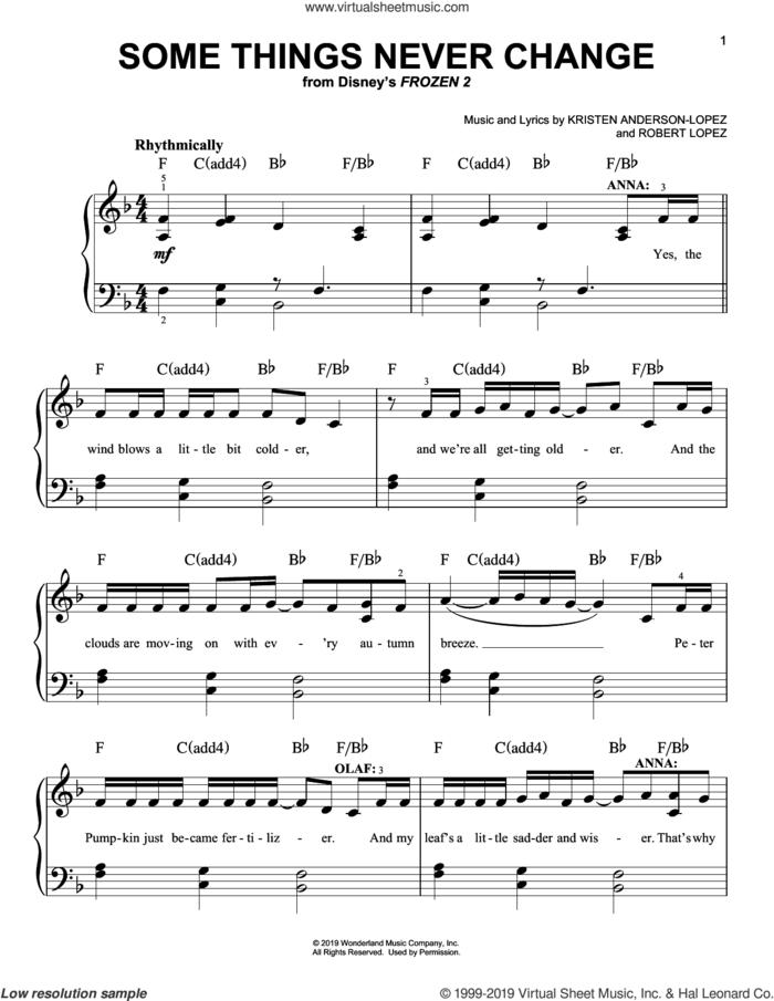 Some Things Never Change (from Disney's Frozen 2) sheet music for piano solo by Kristen Bell, Idina Menzel and Cast of Frozen 2, Kristen Anderson-Lopez and Robert Lopez, easy skill level
