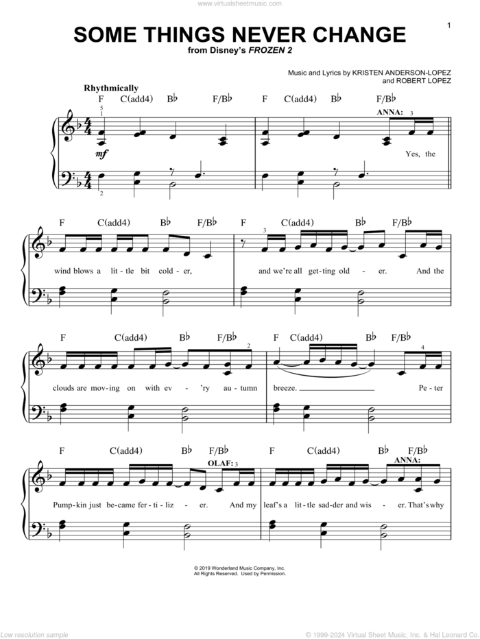 Some Things Never Change (from Disney's Frozen 2) sheet music for piano solo by Kristen Bell, Idina Menzel and Cast of Frozen 2, Kristen Anderson-Lopez and Robert Lopez, easy skill level