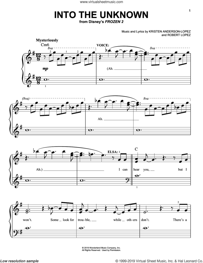 Into The Unknown (from Disney's Frozen 2) sheet music for piano solo by Idina Menzel and AURORA, Kristen Anderson-Lopez and Robert Lopez, easy skill level