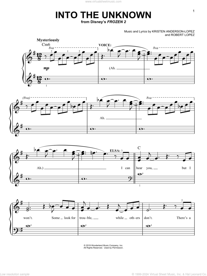 Into The Unknown (from Disney's Frozen 2) sheet music for piano solo by Idina Menzel and AURORA, Kristen Anderson-Lopez and Robert Lopez, easy skill level