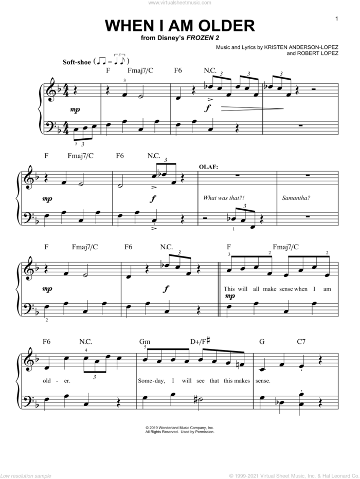 When I Am Older (from Disney's Frozen 2) sheet music for piano solo by Josh Gad, Kristen Anderson-Lopez and Robert Lopez, easy skill level