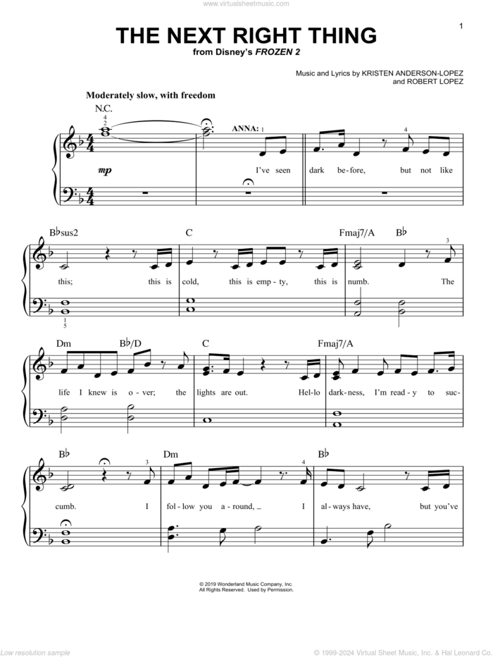 The Next Right Thing (from Disney's Frozen 2) sheet music for piano solo by Kristen Bell, Kristen Anderson-Lopez and Robert Lopez, easy skill level