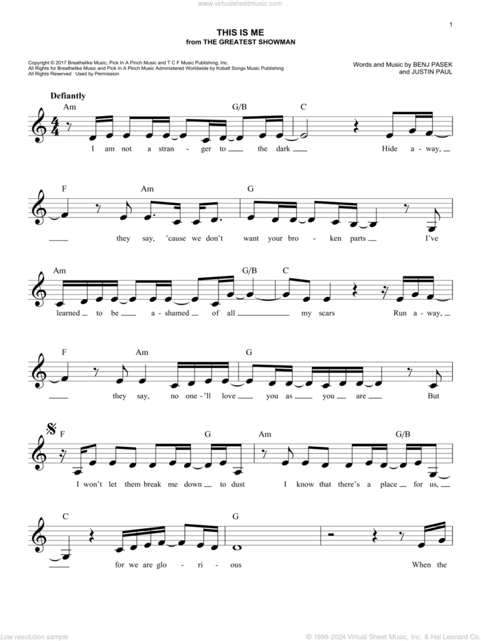 This Is Me (from The Greatest Showman) sheet music for voice and other instruments (fake book) by Benj Pasek, Justin Paul and Pasek & Paul, easy skill level