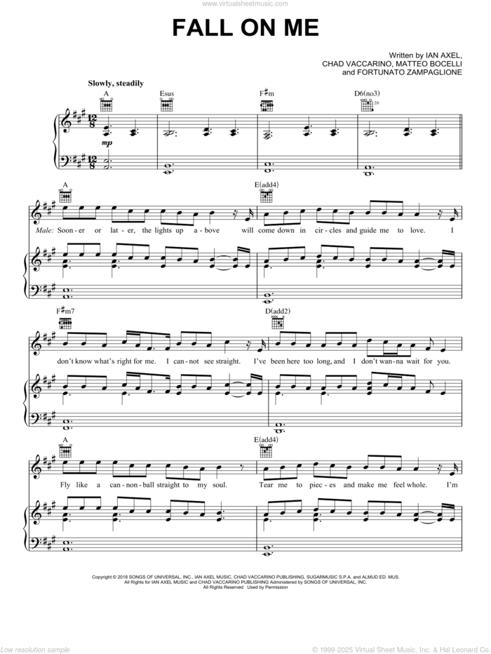 Fall On Me sheet music for voice, piano or guitar by A Great Big World & Christina Aguilera, Chad Vaccarino, Fortunato Zampaglione, Ian Axel and Matteo Bocelli, intermediate skill level