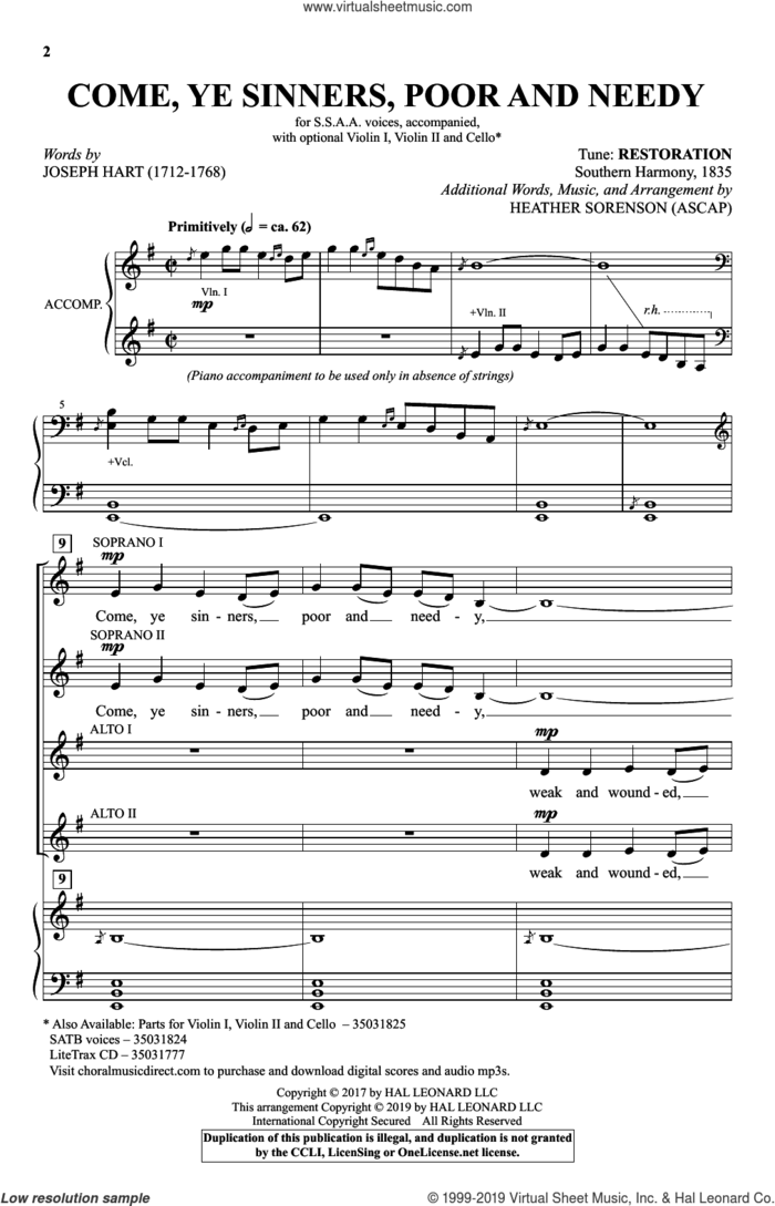 Come, Ye Sinners, Poor And Needy (arr. Heather Sorenson) sheet music for choir (SSA: soprano, alto) by Joseph Barnaby, Heather Sorenson, Joseph Hart and Joseph Hart and Heather Sorenson, intermediate skill level