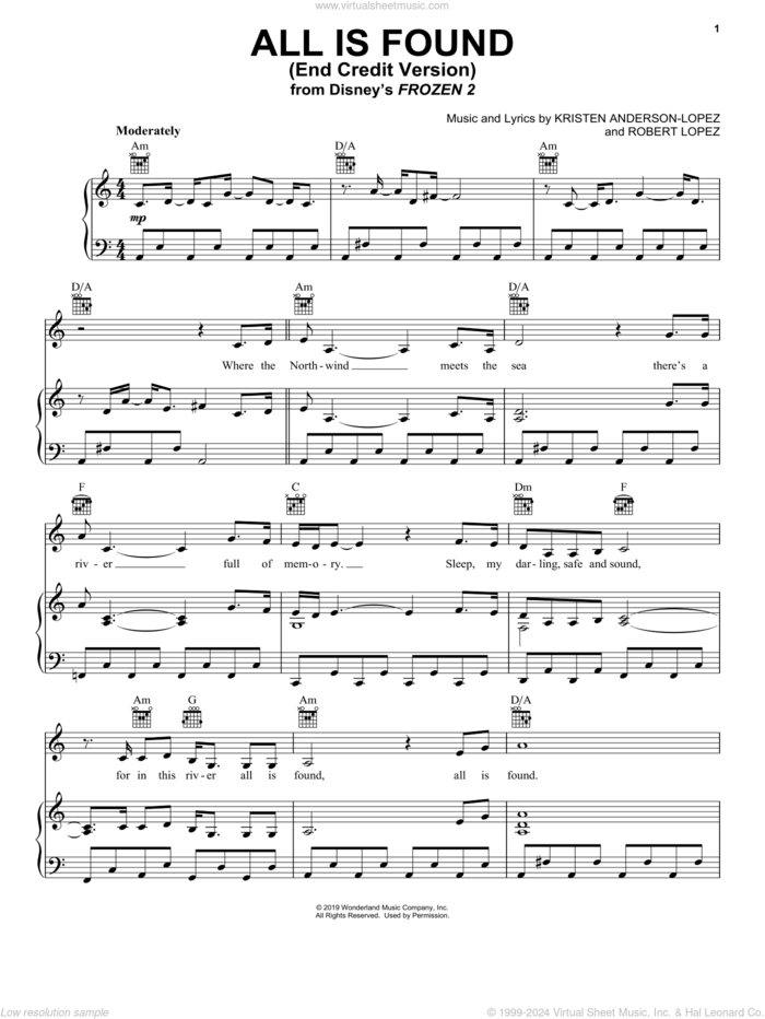 All Is Found (from Disney's Frozen 2) (End Credit Version) sheet music for voice, piano or guitar by Kacey Musgraves, Kristen Anderson-Lopez and Robert Lopez, intermediate skill level