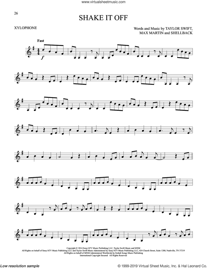 Shake It Off sheet music for Xylophone Solo (xilofone, xilofono, silofono) by Taylor Swift, Johan Schuster, Max Martin and Shellback, intermediate skill level