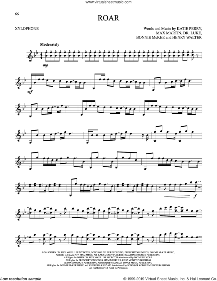 Roar sheet music for Xylophone Solo (xilofone, xilofono, silofono) by Katy Perry, Bonnie McKee, Dr. Luke, Henry Walter, Lukasz Gottwald and Max Martin, intermediate skill level