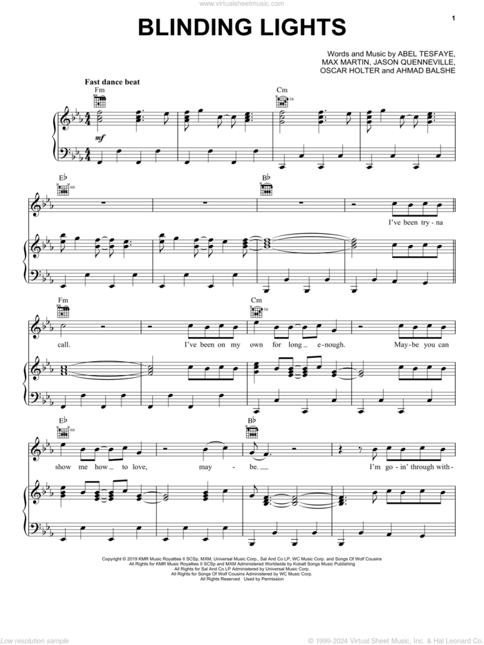 Blinding Lights sheet music for voice, piano or guitar by The Weeknd, Abel Tesfaye, Ahmad Balshe, Jason Quenneville, Max Martin and Oscar Holter, intermediate skill level