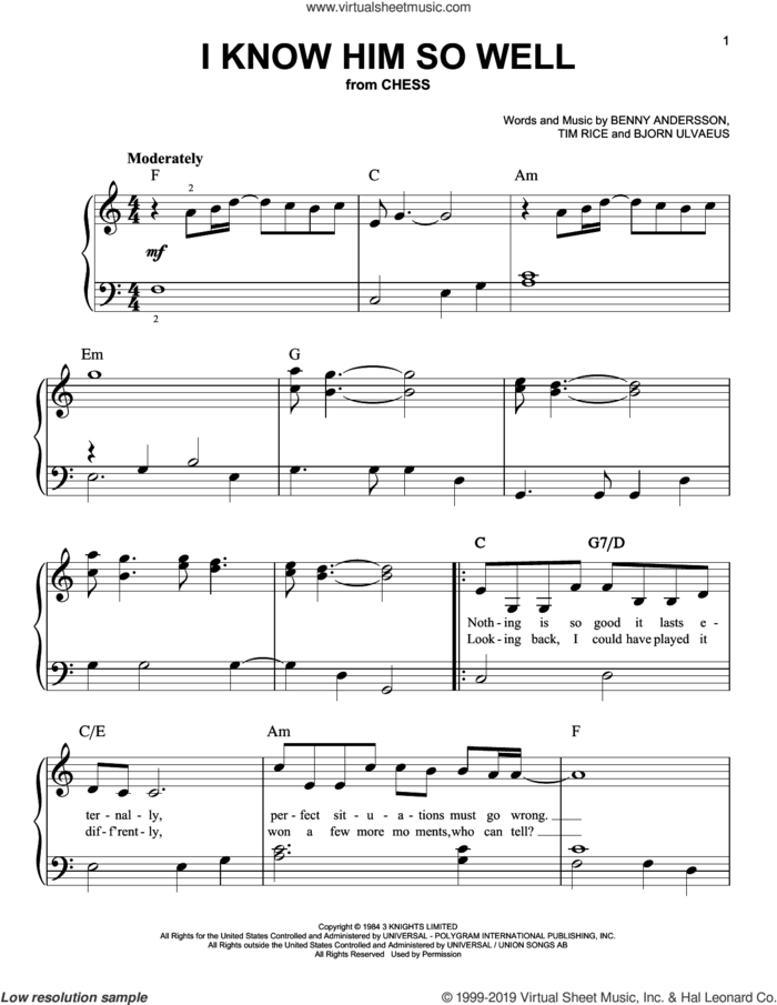I Know Him So Well (from Chess) sheet music for piano solo by Tim Rice, Benny Andersson, Benny Andersson, Tim Rice and Bjorn Ulvaeus and Bjorn Ulvaeus, easy skill level