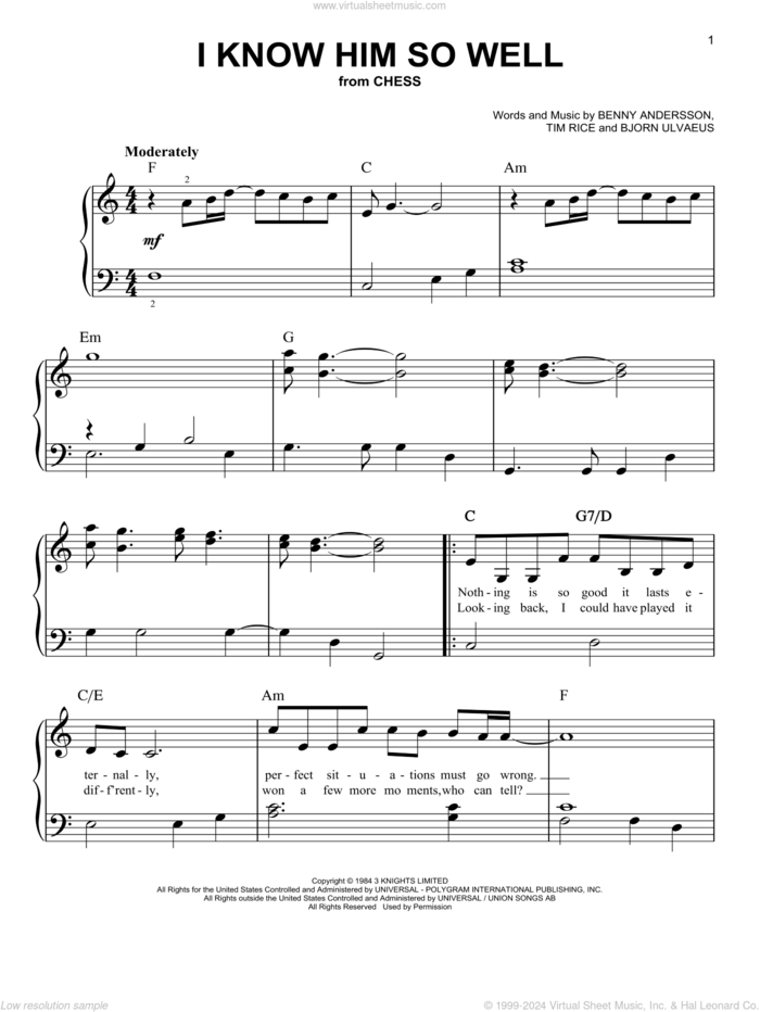 I Know Him So Well (from Chess) sheet music for piano solo by Tim Rice, Benny Andersson, Benny Andersson, Tim Rice and Bjorn Ulvaeus and Bjorn Ulvaeus, easy skill level