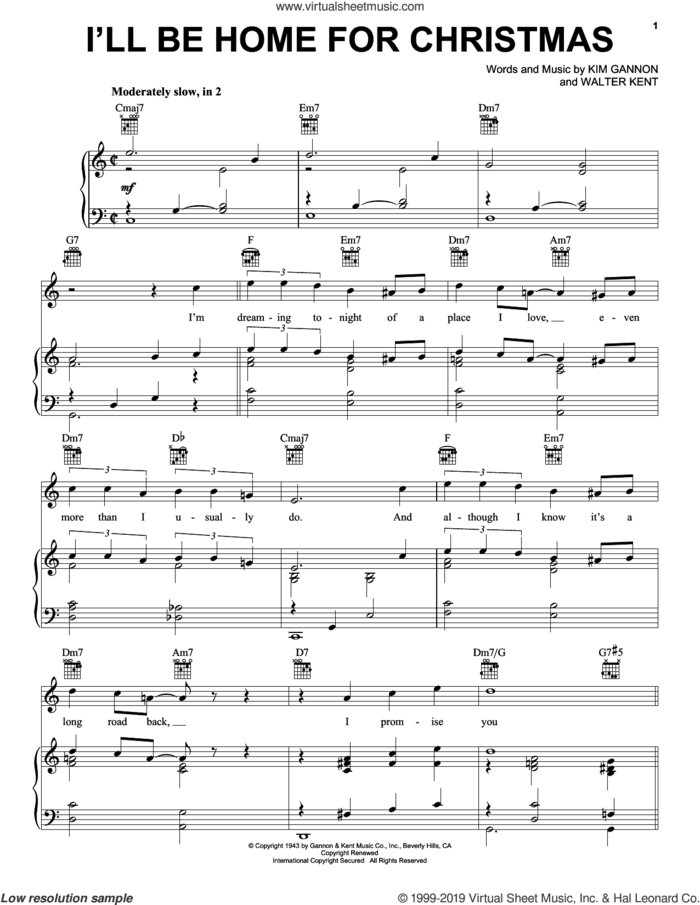 I'll Be Home For Christmas sheet music for voice, piano or guitar by Kim Gannon, Kim Gannon & Walter Kent and Walter Kent, intermediate skill level