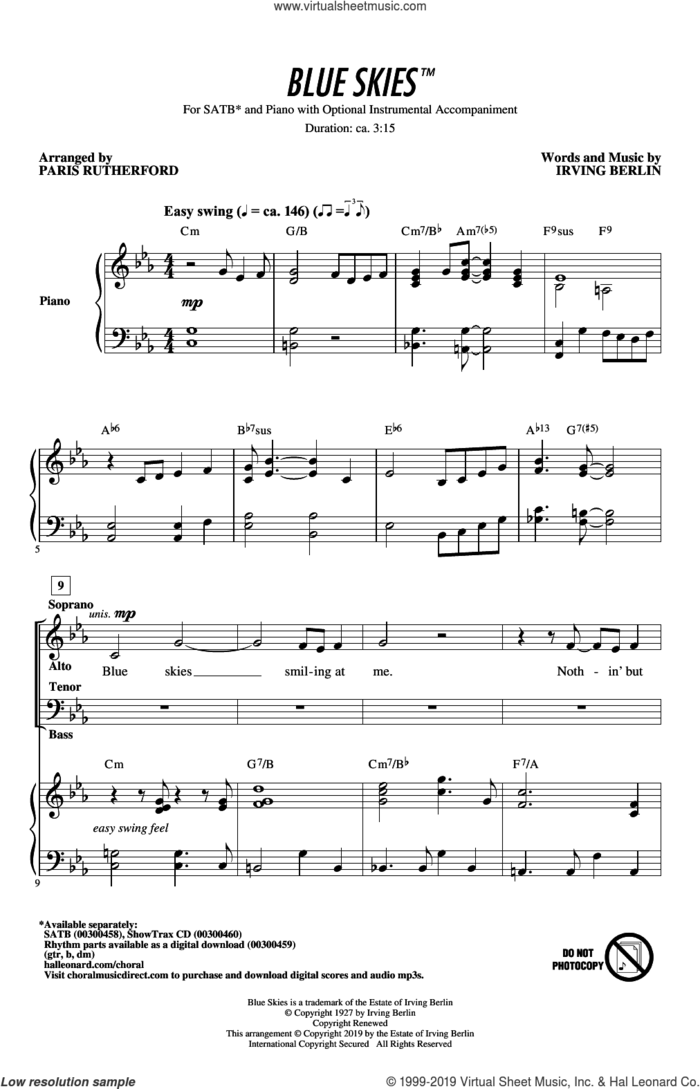 Blue Skies (arr. Paris Rutherford) sheet music for choir (SATB: soprano, alto, tenor, bass) by Irving Berlin and Paris Rutherford, intermediate skill level
