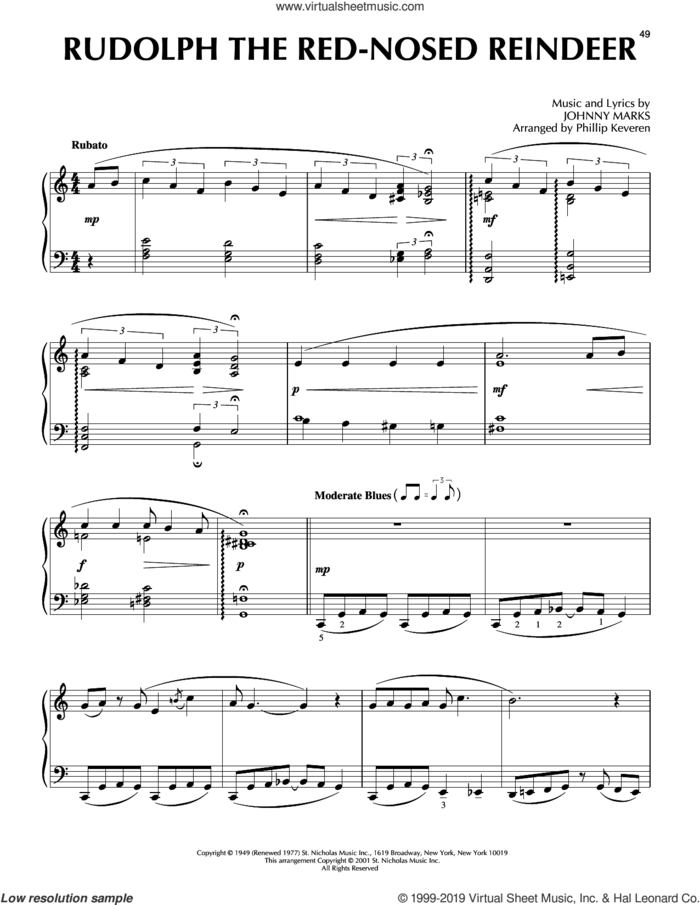 Rudolph The Red-Nosed Reindeer [Jazz version] (arr. Phillip Keveren), (intermediate) (arr. Phillip Keveren) sheet music for piano solo by Johnny Marks and Phillip Keveren, intermediate skill level