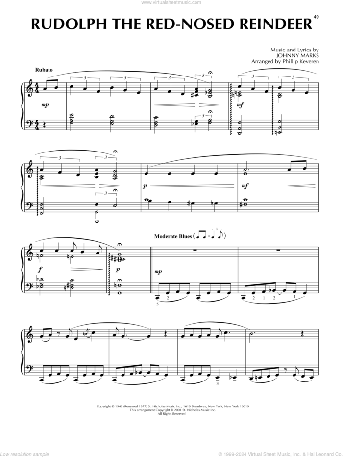 Rudolph The Red-Nosed Reindeer [Jazz version] (arr. Phillip Keveren), (intermediate) (arr. Phillip Keveren) sheet music for piano solo by Johnny Marks and Phillip Keveren, intermediate skill level