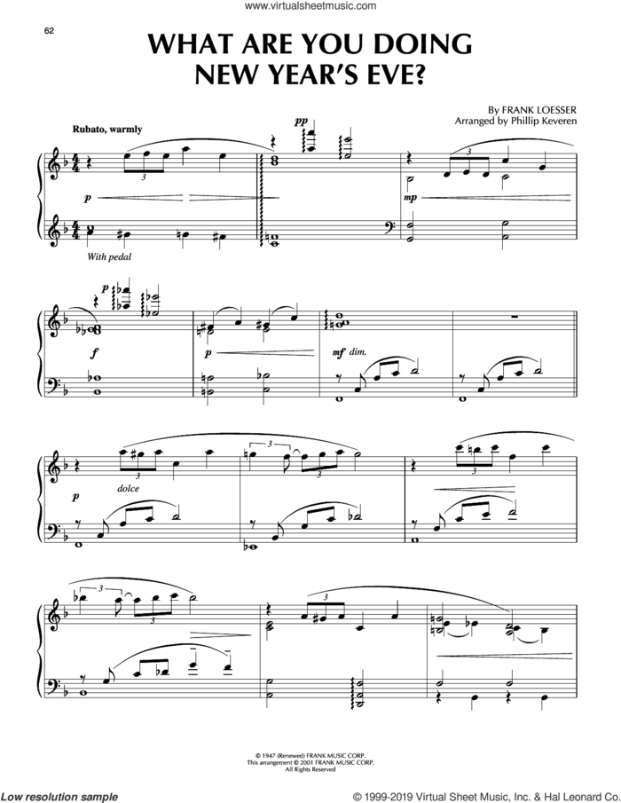 What Are You Doing New Year's Eve? [Jazz version] (arr. Phillip Keveren) sheet music for piano solo by Frank Loesser and Phillip Keveren, intermediate skill level