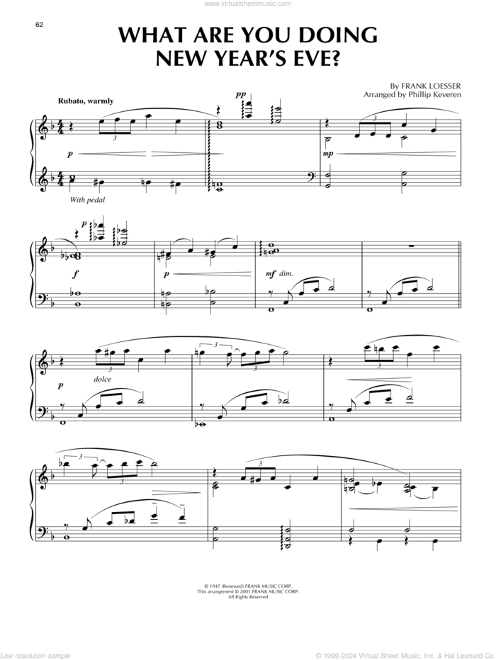 What Are You Doing New Year's Eve? [Jazz version] (arr. Phillip Keveren) sheet music for piano solo by Frank Loesser and Phillip Keveren, intermediate skill level