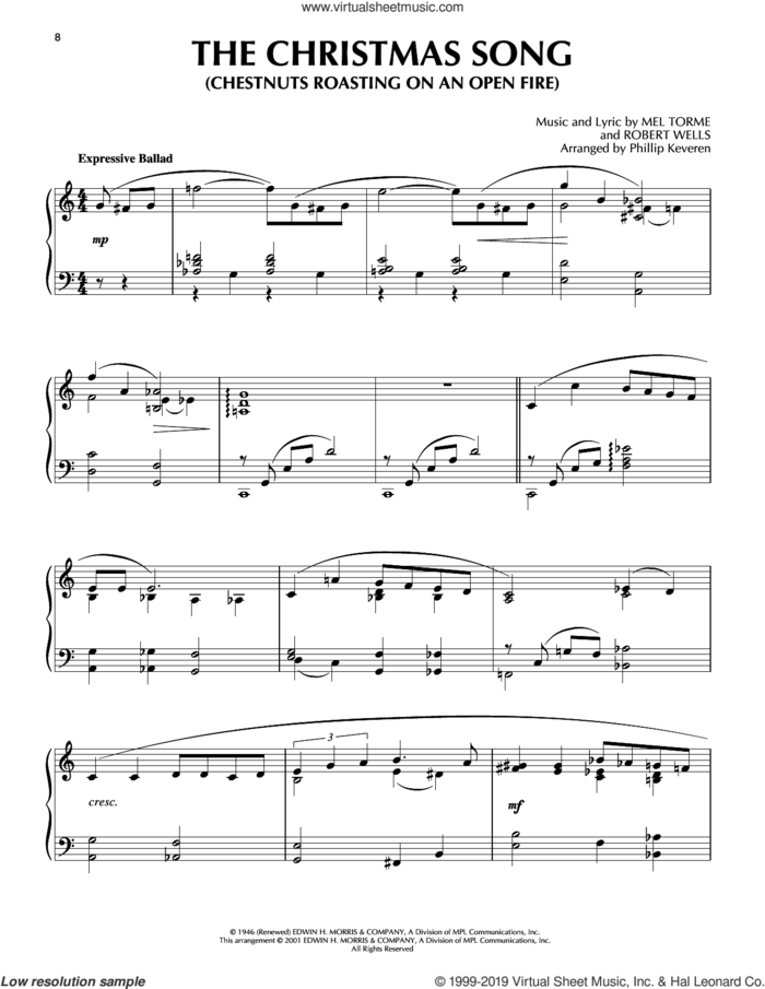 The Christmas Song (Chestnuts Roasting On An Open Fire) [Jazz version] (arr. Phillip Keveren) sheet music for piano solo by Mel Torme, Phillip Keveren and Robert Wells, intermediate skill level