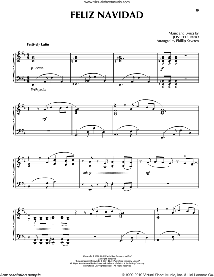 Feliz Navidad [Jazz version] (arr. Phillip Keveren) sheet music for piano solo by Jose Feliciano and Phillip Keveren, intermediate skill level