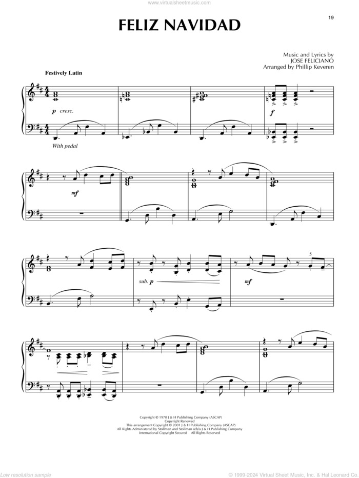 Feliz Navidad [Jazz version] (arr. Phillip Keveren) sheet music for piano solo by Jose Feliciano and Phillip Keveren, intermediate skill level