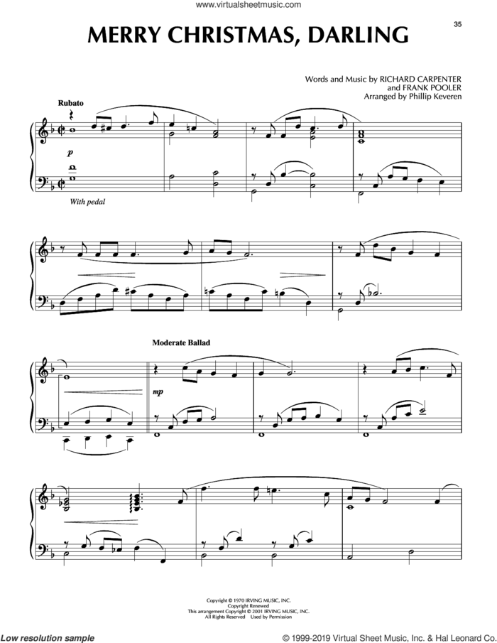 Merry Christmas, Darling [Jazz version] (arr. Phillip Keveren) sheet music for piano solo by Richard Carpenter, Phillip Keveren, Carpenters and Frank Pooler, intermediate skill level