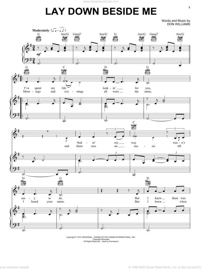 Lay Down Beside Me sheet music for voice, piano or guitar by Don Williams, intermediate skill level