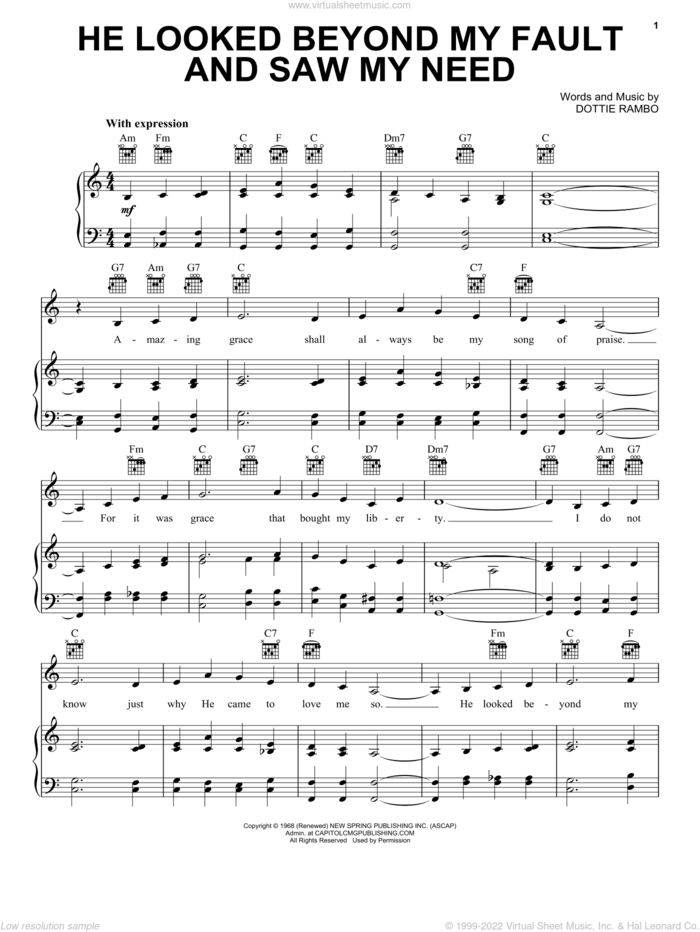 He Looked Beyond My Fault And Saw My Need sheet music for voice, piano or guitar by Dottie Rambo, intermediate skill level