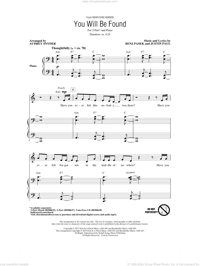 You Will Be Found (from Dear Evan Hansen) (arr. Audrey Snyder) sheet music for choir (2-Part) by Pasek & Paul, Audrey Snyder, Benj Pasek and Justin Paul, intermediate duet
