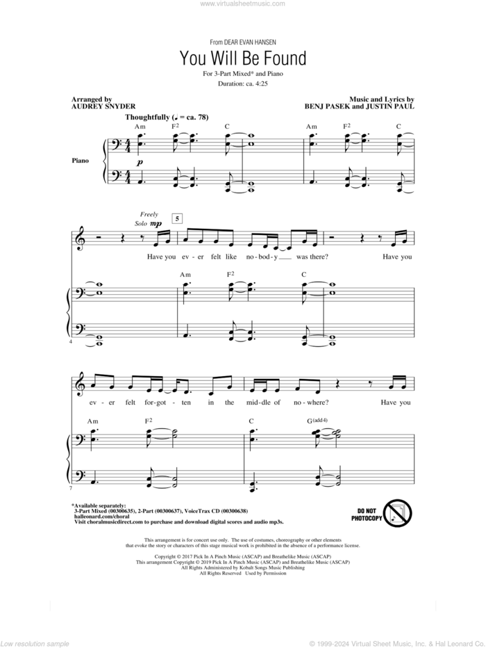 You Will Be Found (from Dear Evan Hansen) (arr. Audrey Snyder) sheet music for choir (3-Part Mixed) by Pasek & Paul, Audrey Snyder, Benj Pasek and Justin Paul, intermediate skill level